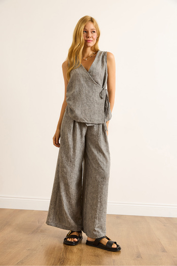 Olalook Women's Gray Wrap Blouse Pleated Trousers Suit Tkm-19000423