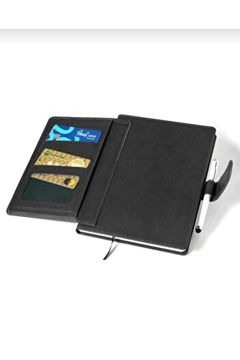 Copyder Wholesale Promotion 40 Pcs Firm Badge Printed Black Leather Hard Cover Wallet Compartment Notebook