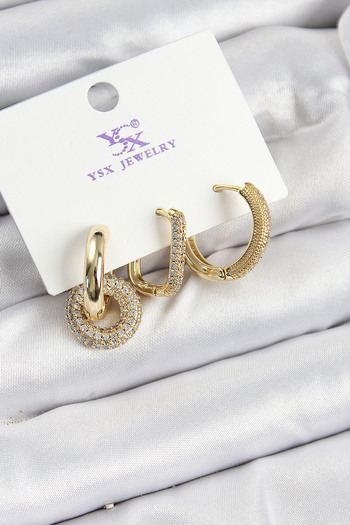 STİLLOVE Brass Zircon Stone Hoop Model Gold Color 3-Piece Women's Earrings