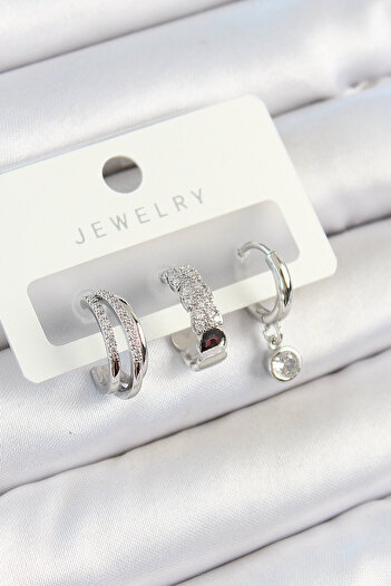 STİLLOVE Brass Zircon Stone Hoop Model Silver Color 3-Piece Double Women's Earring Set