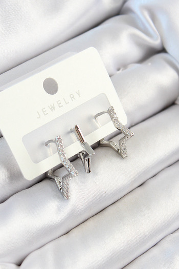 STİLLOVE Brass Zircon Stone Star Model Silver Color 3-Piece Double Women's Earring Set