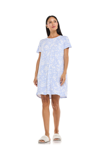 R&B Floral Patterned Nightdress with Crew Neck and Short Sleeves