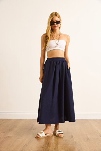 Olalook Women's Navy Blue Pocketed Draped Long Ayrobin Skirt Etk-19000345