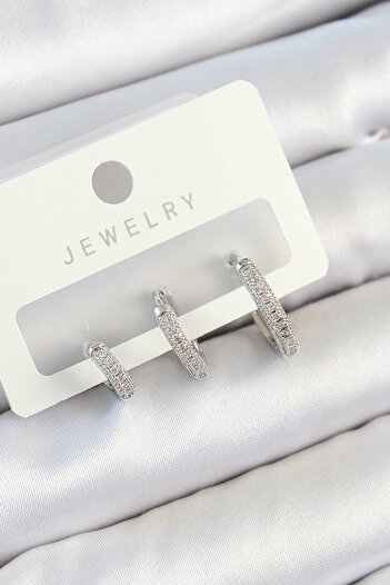 STİLLOVE Brass Zircon Stone Hoop Model Silver Color 3-Piece Double Women's Earring Set