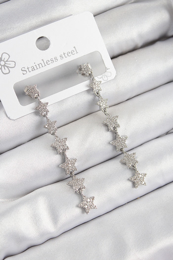 STİLLOVE Brass Zircon Stone Dangle Star Model Silver Color Women's Earrings