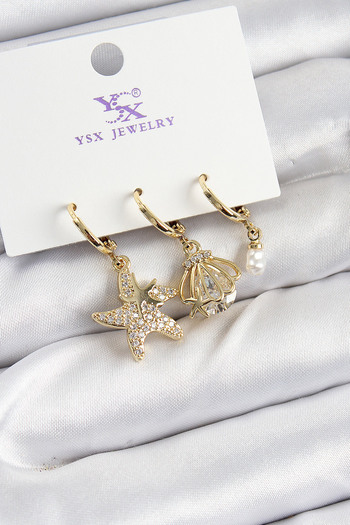 STİLLOVE Brass Zircon Stone Starfish and Oyster Model Gold Color 3-Piece Women's Earrings
