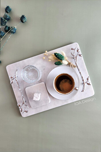 ioadesign Acacia - Groom's Coffee Set Real Fine Marble Tray + Cup + Water Cup + Turkish Delight Bowl Silver Handle