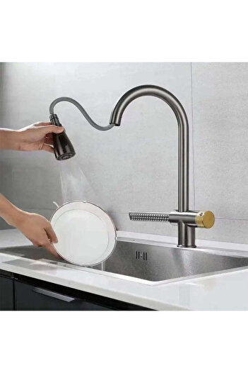 KORMAN TECHNIK Kitchen Faucet with Pull-out Shower, Gray Stainless Steel, Waterfall Function YB1500N