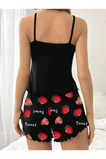 HUBANN Strawberry Printed Suspender Shorts Pajama Set