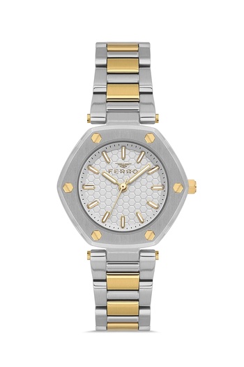 FERRO Yellow and Silver Steel Band Women's Wristwatch Fl43006A-D 3Atm Water Resistant 2 Years Warranty