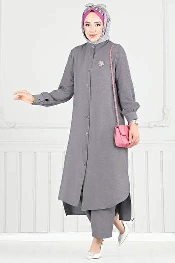 ModaMerve Front Button Sofia Suit 407Dvl817-Ms Gray
