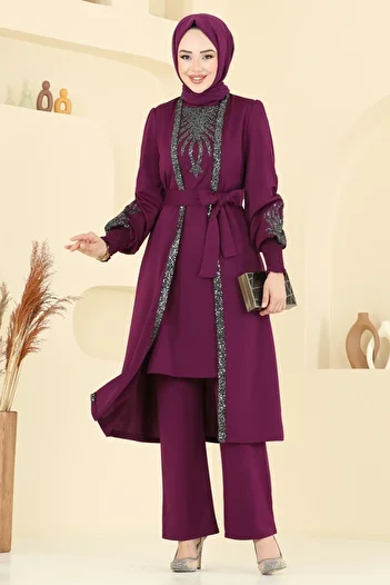 ModaMerve Sequin Detail Suit Asm2805-Ms Plum