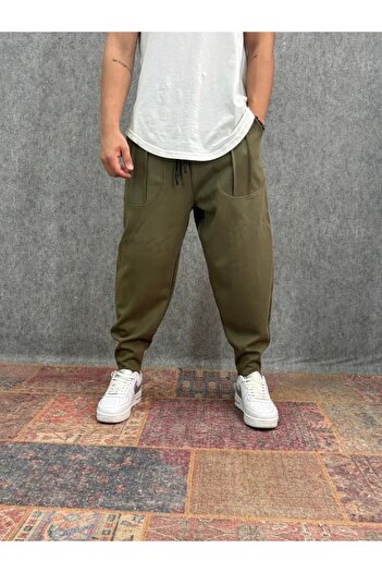 FıttingRoom Khaki Baggy Trousers with Elastic Waist and Pocket Rib Detail
