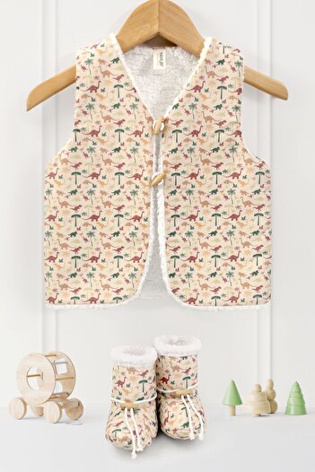 HAMUR Baby Boy Vest and Booties Set Set of 2 Double Sided Buttoned Newborn Cotton Sheep Hair Dino