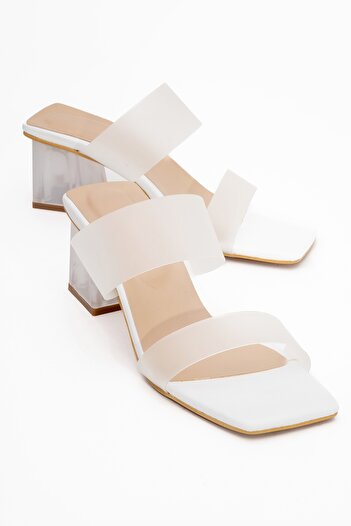 LuviShoes Papuci cu toc pentru femei RUSSELL White Skin Transparent Strappy