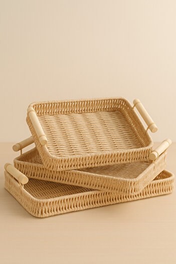 Fhilli Natura - Set of 3 Rectangular Rattan Wicker Serving and Presentation Tray Decorative Tray with Wooden Handle