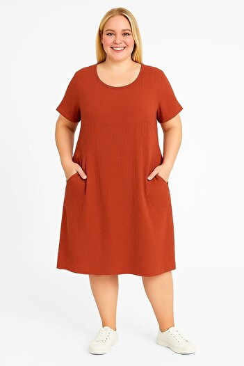 enmodaiçgiyim Plus Size 100% Cotton Muslin Fabric Tile Knee Length Women's Dress – Side Pockets, Comfortable Fit Summer