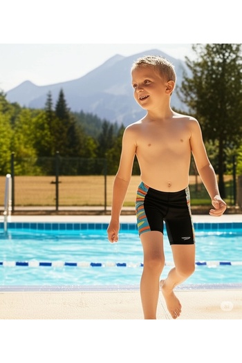 SPEEDO Digi Allover Panel Jam-Mer Boy's Swimmer Swimsuit Black-Blue