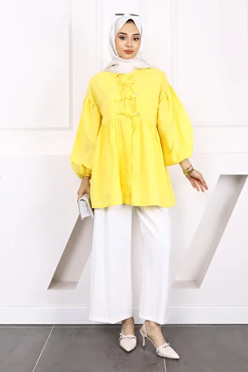 İmajButik Dark Yellow Sleeve Elastic Front Buttoned Tunic