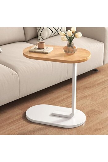 Kardett C-Shaped side table, light beige wood top, metal frame, compact coffee table for sofa