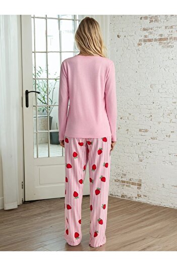 CARLA MARA Çilek Baskılı Uzun Kollu Pijama Takımı