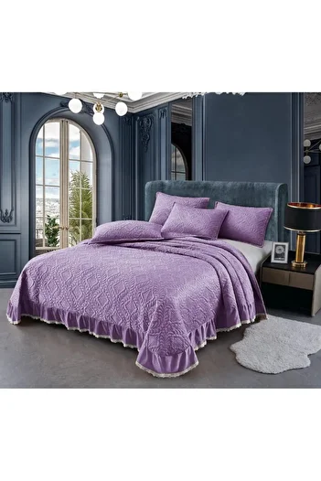 OEM Double Bedspread, 3-Piece Set, Velvet with Ruffles, 230 x 250 cm, Lilac