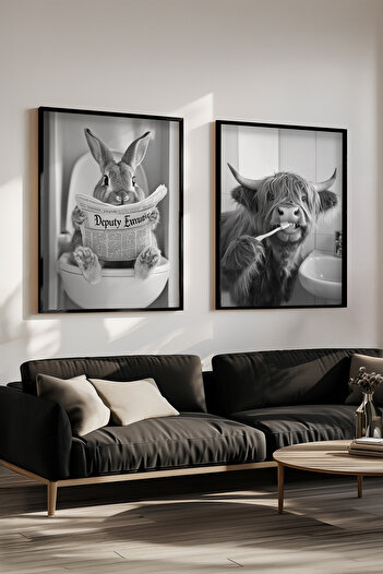 STARYUNA Decor pentru toaletă pentru baie, set de pictură cu rame duble din lemn negru cu iepure și vacă Yuna248