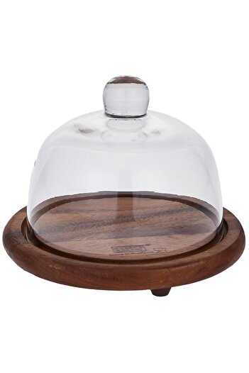 Generic Billi Butter and Cheese Glass Dome with Wooden Stand, Brown, 12 x 15 cm, ACA-930