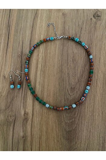 Stoneday Colorful Indian Bead Silver Detailed Plated Necklace Earring Set