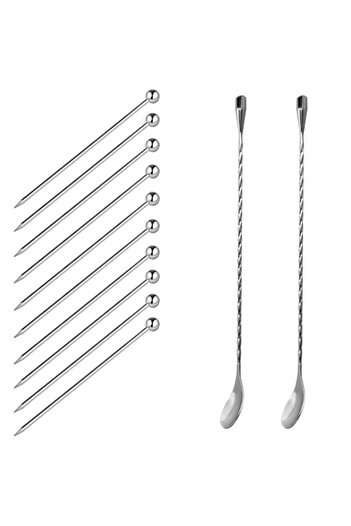 Generic SourceTon Set of 12 Stainless Steel Cocktail Picks&Mixing Spoons, 10 Pieces 4 Inches Cocktail Picks