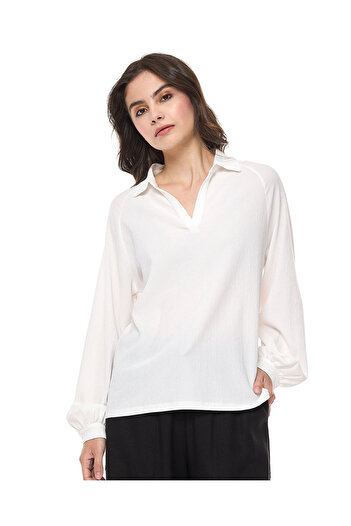 R&B Textured Top with Spread Collar and Bishop Sleeves