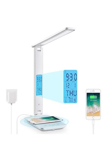 Kardett LED desk lamp with wireless charging, USB port, clock, alarm, thermometer, touch control, 5 levels