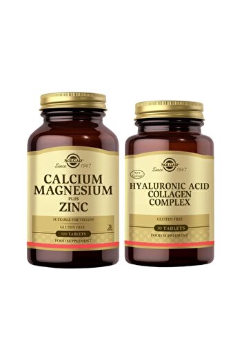 Solgar Calcium Magnesium Plus Zinc 100 Tablets + Hyaluronic Acid Collagen Complex 30 Tablets