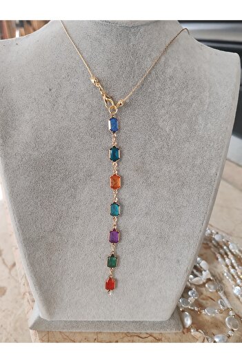 elbi bijuteri Women's Colorful Stone Y Model Necklace – Long and Elegant Daily Jewelry