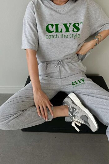 CLAYES Clys Design T-shirt Sweatpants Jogger- Gray Print Bottom Top Tracksuit Set Oversize Crew Neck