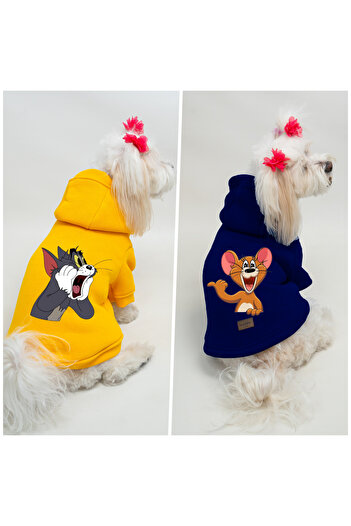 Buddy Store Cat and Dog - Outfit Sweatshirt Hoodie Yellow and Navy Tomj Printed 2 Items for One Price