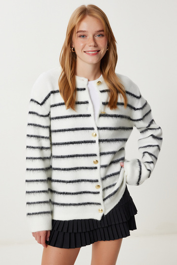 Happiness İstanbul Women's Ecru Black Striped Stylish Buttoned Knitwear Cardigan Yy00261