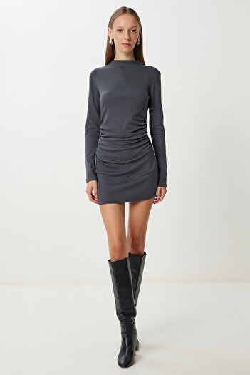Happiness İstanbul Γυναικείο Anthracite Gathered Stretchy Mini Πλεκτό Φόρεμα UB00474