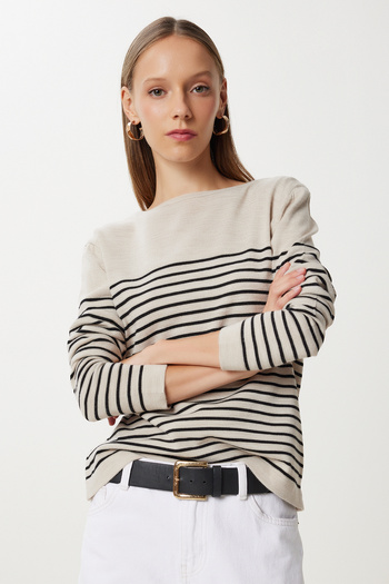 Happiness İstanbul Women's Stone Black Striped Basic Knitwear Sweater Ki̇00154