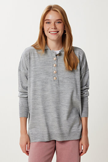 Happiness İstanbul Women's Gray Polo Neck Stylish Buttoned Knitwear Sweater Ki̇00161
