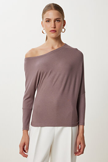 Happiness İstanbul Women's Mink Boat Neck Basic Knitwear Blouse Ub00473
