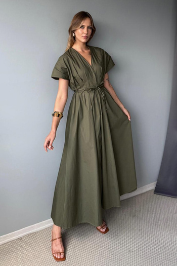 Trendyol Collection Khaki Waist Tie Detailed Midi Poplin Woven Dress TWOSS25EL00925