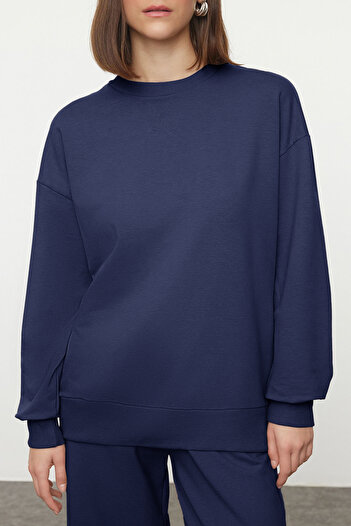 Trendyol Collection Navy Blue Relaxed/Comfortable Fit Wide Leg/Wide Leg Knitted Sweatshirt/Bottom Sweatpants Set Twoaw25Em00004