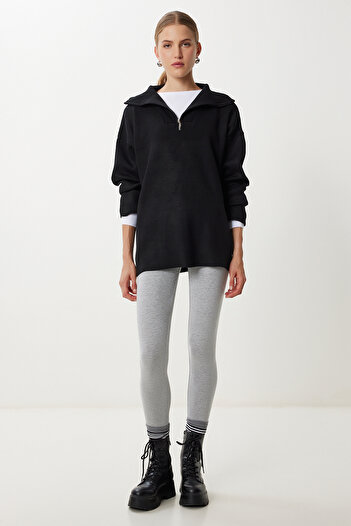 Happiness İstanbul Pulover de tricotaj oversize cu fermoar negru pentru femei YY00263