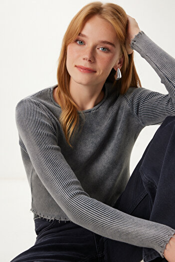Happiness İstanbul Women's Anthracite Washed Ribbed Knitted Crop Blouse Pf00121