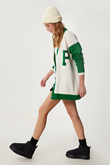 Happiness İstanbul Women's Green Bone Oversize Contrast Color Knitwear Cardigan Yy00262