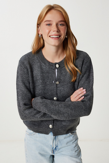 Happiness İstanbul Women's Anthracite Stylish Buttoned Pocket Knitwear Cardigan Pf00116