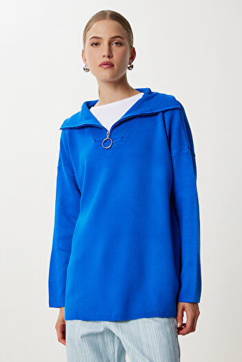 Happiness İstanbul Pulover de tricotaj oversize cu fermoar albastru închis pentru femei YY00263