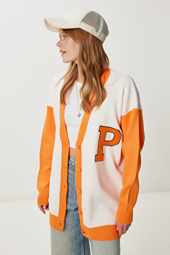 Happiness İstanbul Women's Orange Bone Oversize Contrast Color Knitwear Cardigan Yy00262