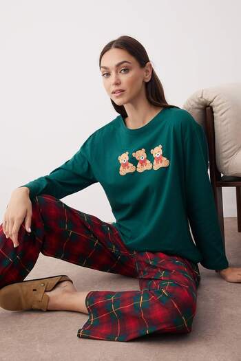 Trendyol Collection Green 100% Cotton Teddy Bear Plaid Knitted Pajama Set Thmaw26Pt00042